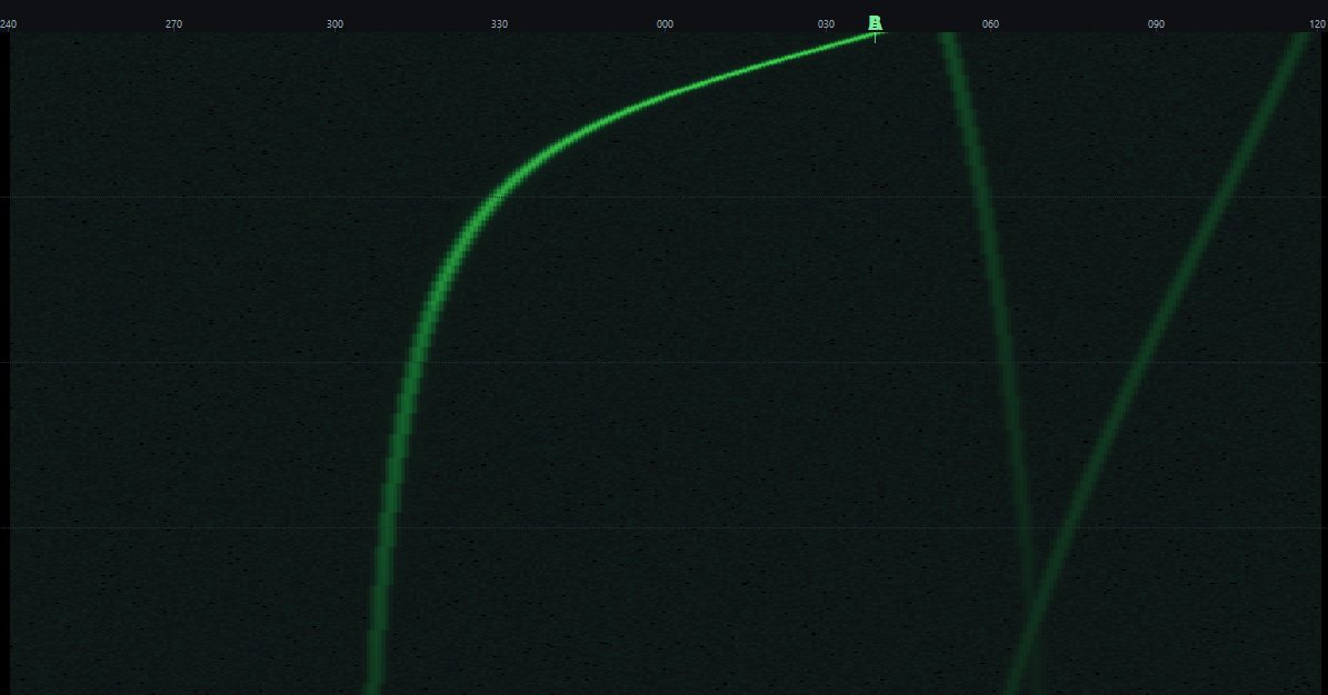 The game's waterfall on the bow array: bearing runs across the top, time runs down, and three green traces curve across it as ships pass ahead of the boat.
